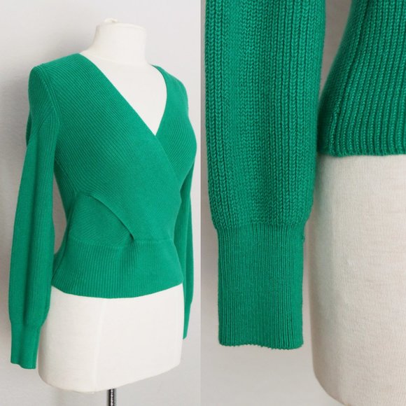 Anthropologie Moth Liza Surplice V Neck Faux Wrap Sweater Kelly Green Ribbed XSP - Picture 12 of 15